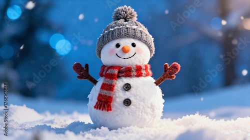 Snowman with a cheerful expression, wearing a cozy hat and striped scarf, stands in a snowy landscape, camera pans around to reveal its charming details and festive atmosphere. Christmas concept
