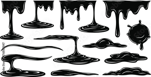 Mega Set of Black Dripping Liquid and Ooze Splash Vector Illustration