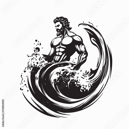 Triton God in the Middle of Ocean Waves Vector Illustration