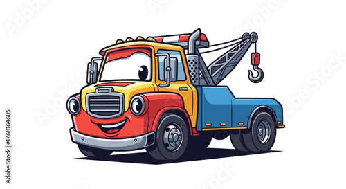 Whimsical cartoon tow truck character with expressive eyes and friendly smile illustration