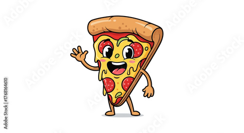 Cheerful pepperoni pizza slice character waving hand with melting cheese and happy face