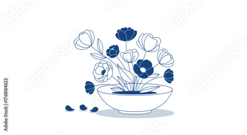 Botanical illustration displaying elegant blue floral arrangement in a simple bowl evoking