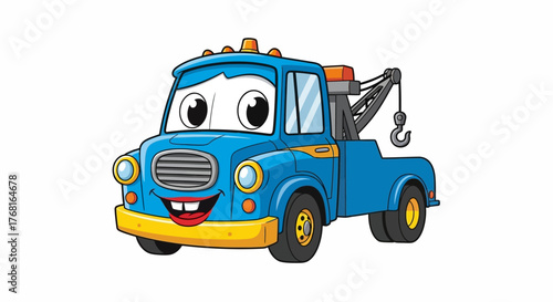Animated tow truck character with expressive eyes and a friendly smile conveying automotive