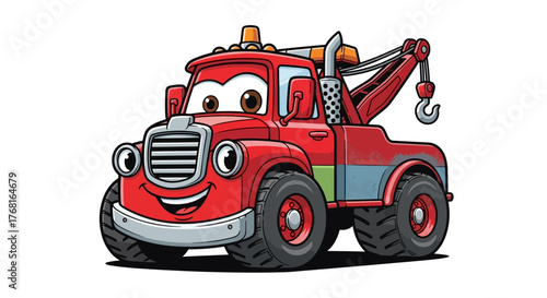 Cartoon tow truck character illustration with friendly expression and detailed textures on white