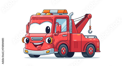Whimsical Red Tow Truck Cartoon Character with Smiling Face and Expressive Eyes on White Background