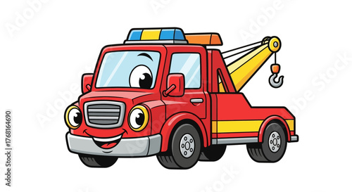 Animated tow truck with cartoon eyes and smiling face on a clean white background ready to lend a