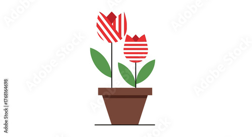 Stylized tulips in a pot with red and white stripes creates a simplistic visual