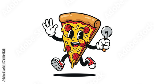 Cartoon pizza slice character joyfully running with cutter radiating food happiness