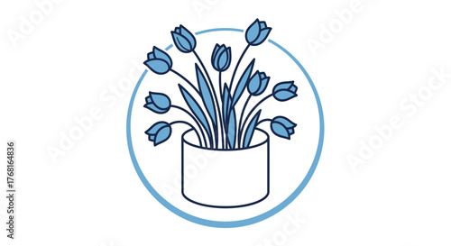 Elegant blue tulip illustration in a white vase with a minimalistic design style for visual