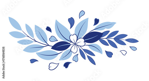 Delicate floral flourish with stylized leaves and petals in shades of blue and white creating a