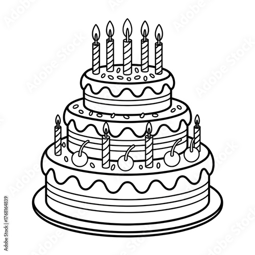 Two Layer Birthday Cake with Candles and Cherries Coloring Page
