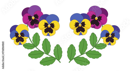 Stylized pansy flower arrangement with symmetrical design and vibrant color palette
