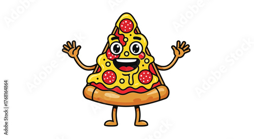 Enthusiastic pizza slice cartoon character with inviting arms and happy expression