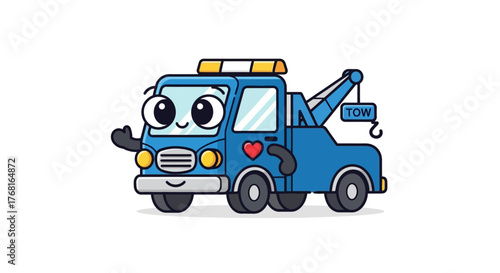 Adorable blue tow truck character with big eyes and a heart graphic illustration