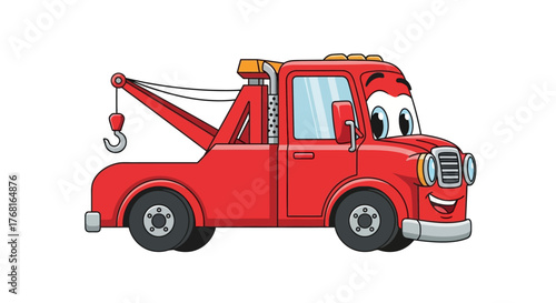 Illustration of a cheerful red tow truck character with friendly face and expressive eyes
