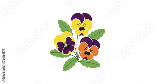 Vibrant pansies bouquet illustration with yellow purple and orange petals on a white backdrop
