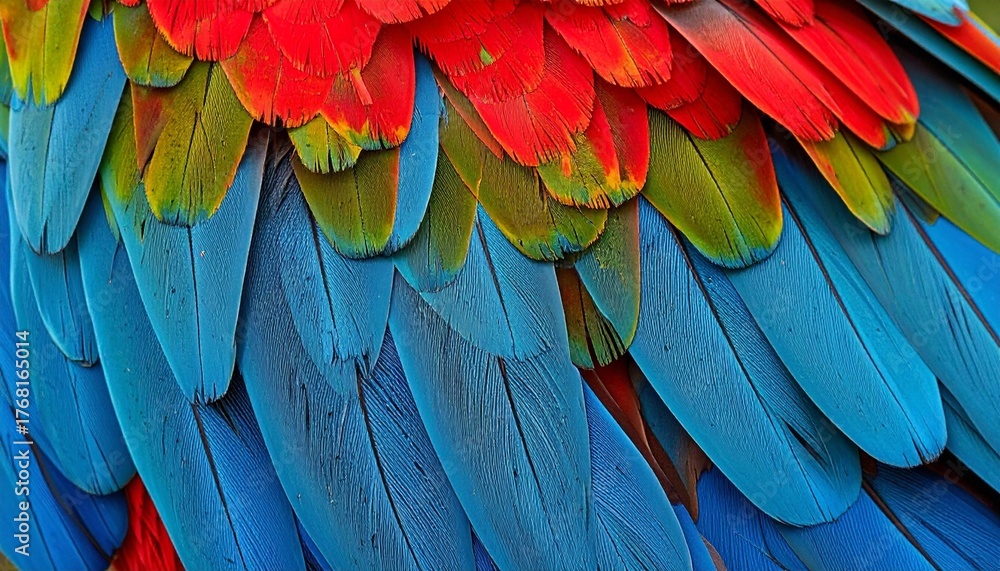 Fototapeta premium Colorful parrot feathers in layered close-up