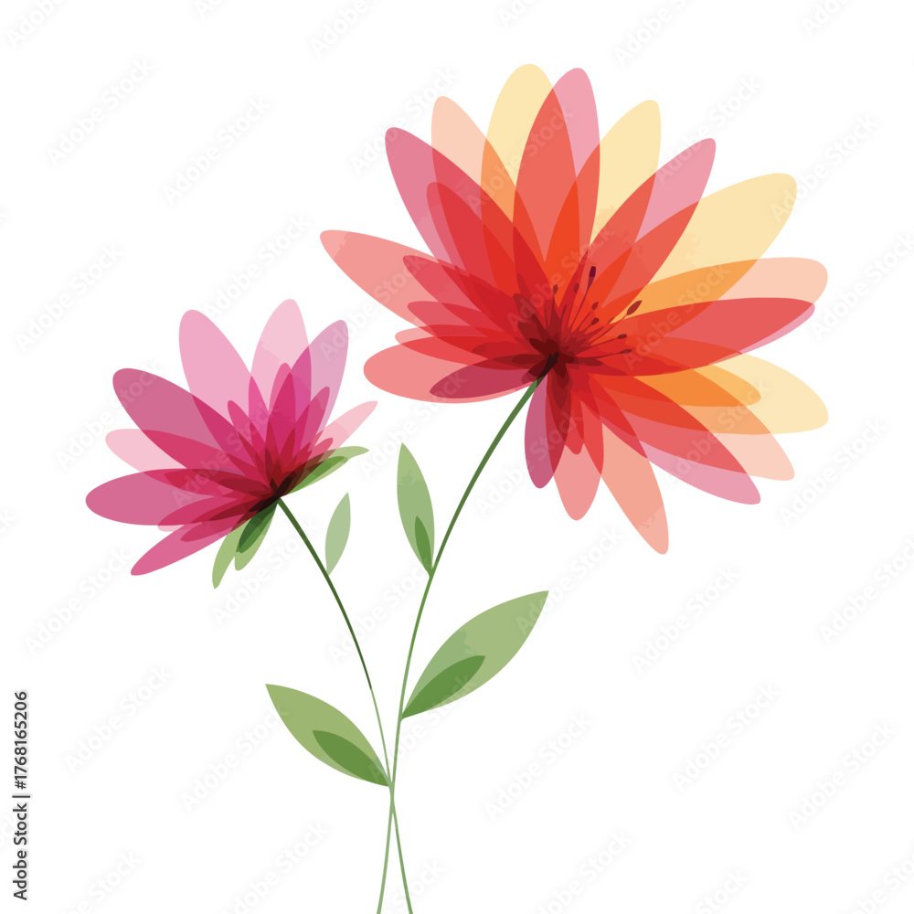 Obraz premium Two vibrant watercolor flowers with green stems and leaves