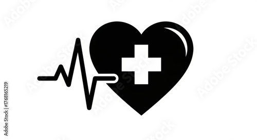 A black heart with a plus sign and heartbeat line, representing health, medicine, and wellbeing in a minimalist style