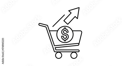 Ecommerce growth concept shopping cart with dollar sign and upward arrow, symbolizes online sales increase and business success