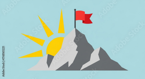 A red flag is planted at the top of a mountain peak, symbolizing achievement, success, and conquering challenges with a bright sun shining behind it