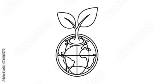 Outline drawing of earth globe with plant growing out of it concept for environmental conservation and sustainable development