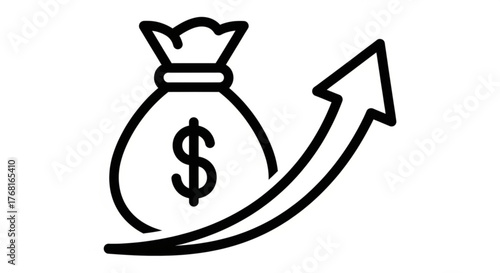 Illustration of a money bag with an upward arrow, , representing investment growth or financial success in a simple style