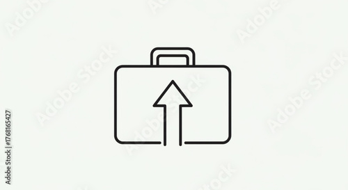 Line art illustration of a briefcase with an upward arrow, represents career growth, promotion, or business success concept