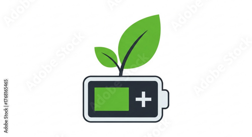 Green energy concept illustration a battery with a plant growing out of it, symbolizing renewable power and sustainable technology