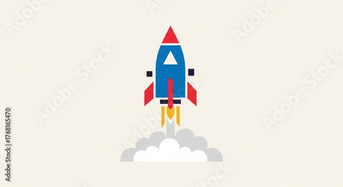 A cartoon rocket ship launching into the sky, symbolizing startup, innovation, and progress vector illustration