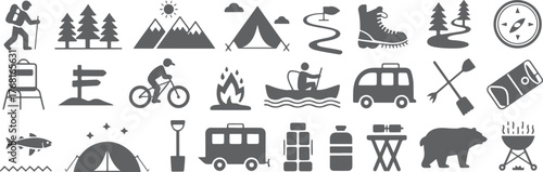 Camping and outdoor recreation vector icons for adventure and travel design