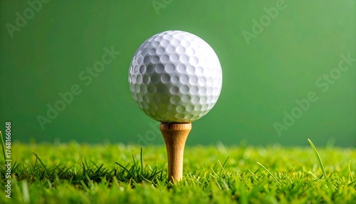 White golf ball on wooden tee, close-up on green turf with solid green backdrop.