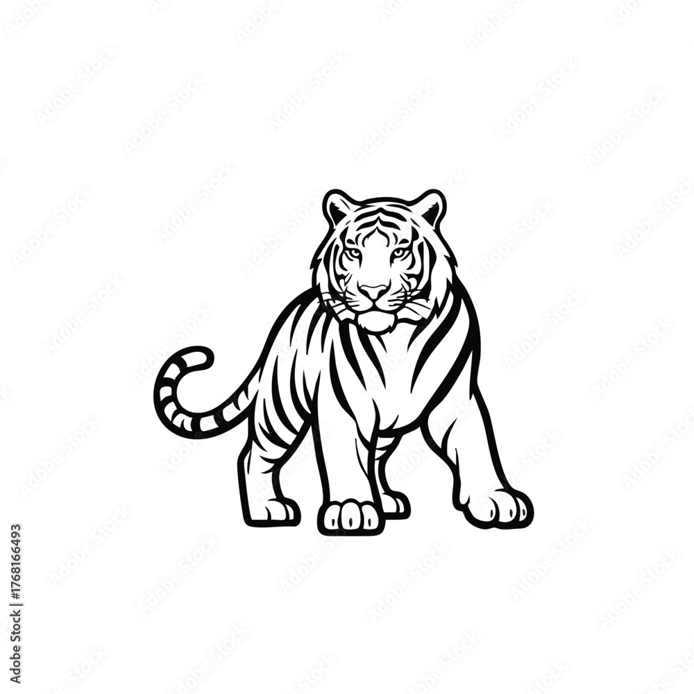 Naklejka premium Stylized Black and White Line Drawing of a Majestic Tiger Standing with a Confident Posture