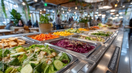 Cafeteria lunch scene with students eating avocado sandwiches
