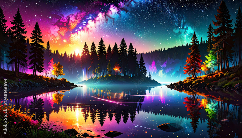Fototapeta premium Vibrant galaxy forest reflecting on a tranquil neon lake. Dreamy cosmic lights glowing over a magical forest lake. Colorful galaxy night sky shining above peaceful waters