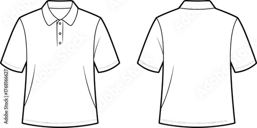 Vector polo shirt front and back view, short sleeve apparel template, fashion flat sketch, clothing mockup, casual wear design illustration