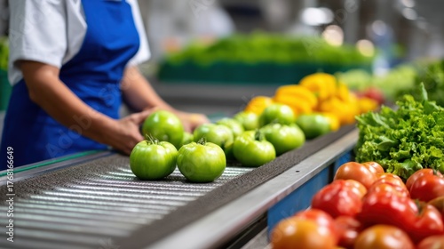 A worker in a food processing plant inspects fresh green tomatoes on a conveyor belt, ensuring quality.