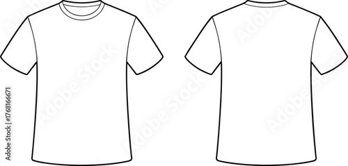 Vector T-shirt front and back view, short sleeve crew neck outline, blank apparel template, fashion flat sketch, clothing mockup, design illustration