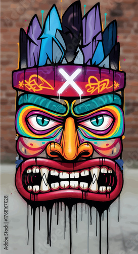 A vibrant and colorful graffiti-style tiki mask with an angry expression, sharp teeth, and crystalline top, dripping black paint on a brick wall background.