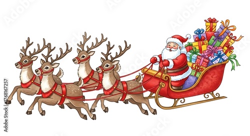 Santa Claus riding a sleigh pulled by reindeer with gifts.