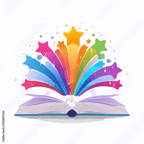 Colorful Book with Stars Bursting Outward Symbolizing Knowledge.