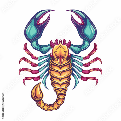 Colorful scorpion illustration with detailed body and claws.
