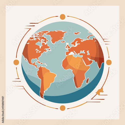 World map illustration showing continents and oceans in a circular design.