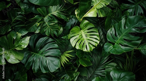 Tropical leaves and monstera leaves in a jungle setting.