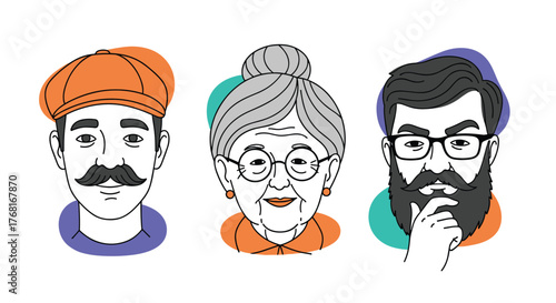 Three diverse cartoon characters representing different generations with colorful abstract backgrounds.