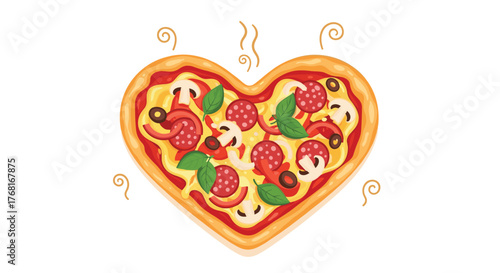 Heart-shaped pizza with pepperoni, mushrooms, olives, and basil, a romantic food illustration.