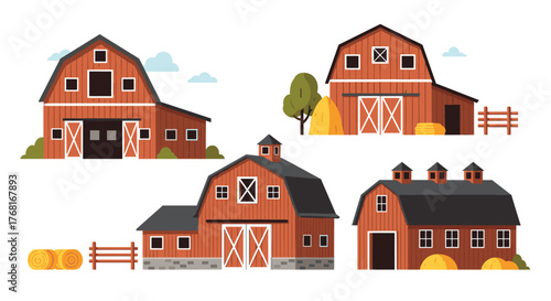 Collection of colorful cartoon barns and farm elements, including hay bales and fences.