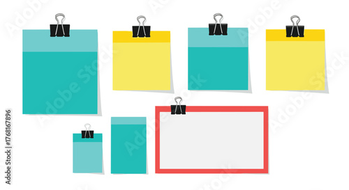 Collection of colorful sticky notes and a red bordered note held by binder clips on a white background.