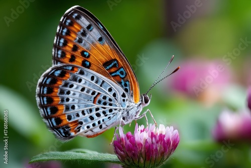 Butterfly with orange and blue wings on pink flower