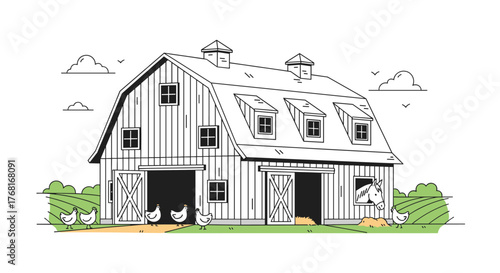A simple line drawing of a barn with chickens and a horse in a rural landscape.